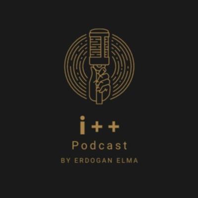 Logo of the i++ podcast: in gold on a black background - 'i++ podcast by Erdogan Elma' with a microphone surrounded by circles above it.