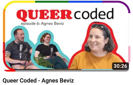 Graphic to promote the episode of the QueerCoded podcast with photos of the interviewers and guest Agnes Beviz and a rainbow border.